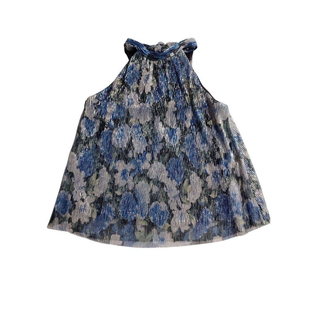 ANEWSTA Womens Metallic Floral Pleated Halter Top Size S
